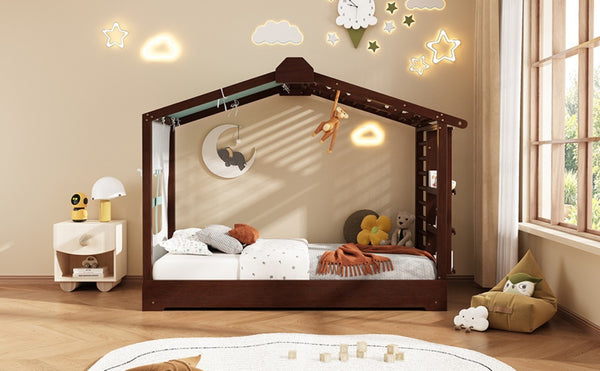 English Elm Twin Pine House Bed with Pull Out Trundle Built in Shelf and Tent for Kids Espresso LP000149AAP