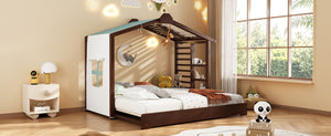 English Elm Twin Pine House Bed with Pull Out Trundle Built in Shelf and Tent for Kids Espresso LP000149AAP
