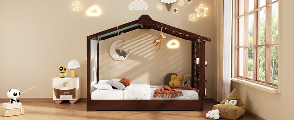 English Elm Twin Pine House Bed with Pull Out Trundle Built in Shelf and Tent for Kids Espresso LP000149AAP