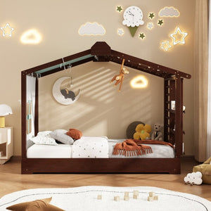 English Elm Twin Pine House Bed with Pull Out Trundle Built in Shelf and Tent for Kids Espresso LP000149AAP