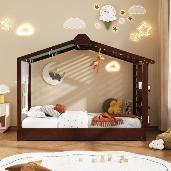 English Elm Twin Pine House Bed with Pull Out Trundle Built in Shelf and Tent for Kids Espresso LP000149AAP