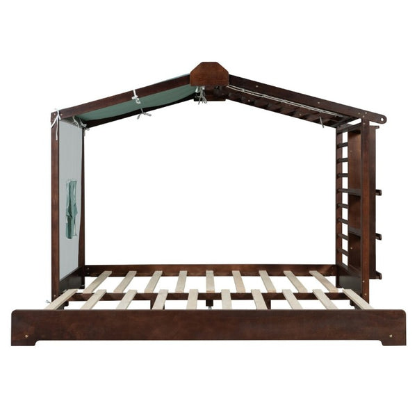English Elm Twin Pine House Bed with Pull Out Trundle Built in Shelf and Tent for Kids Espresso LP000149AAP
