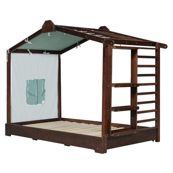 English Elm Twin Pine House Bed with Pull Out Trundle Built in Shelf and Tent for Kids Espresso LP000149AAP