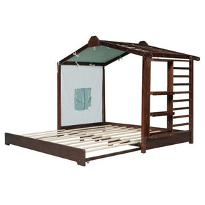 English Elm Twin Pine House Bed with Pull Out Trundle Built in Shelf and Tent for Kids Espresso LP000149AAP