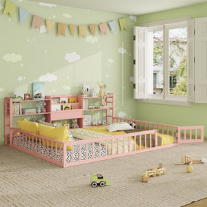 English Elm Queen Floor Bed with Fence Perimeter Bookcase and Three Tier Pine Storage Shelving Pink LP000216AAH