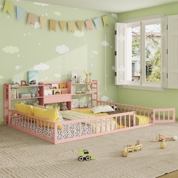 English Elm Queen Floor Bed with Fence Perimeter Bookcase and Three Tier Pine Storage Shelving Pink LP000216AAH