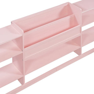 English Elm Queen Floor Bed with Fence Perimeter Bookcase and Three Tier Pine Storage Shelving Pink LP000216AAH