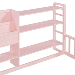 English Elm Queen Floor Bed with Fence Perimeter Bookcase and Three Tier Pine Storage Shelving Pink LP000216AAH