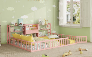 English Elm Queen Floor Bed with Fence Perimeter Bookcase and Three Tier Pine Storage Shelving Pink LP000216AAH