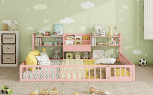 English Elm Queen Floor Bed with Fence Perimeter Bookcase and Three Tier Pine Storage Shelving Pink LP000216AAH