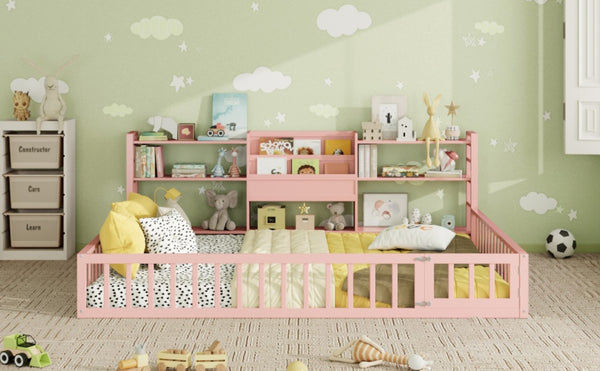 English Elm Queen Floor Bed with Fence Perimeter Bookcase and Three Tier Pine Storage Shelving Pink LP000216AAH