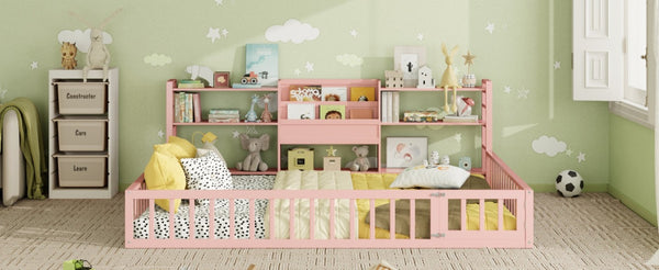 English Elm Queen Floor Bed with Fence Perimeter Bookcase and Three Tier Pine Storage Shelving Pink LP000216AAH