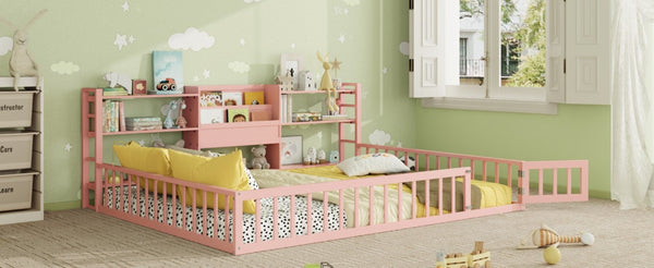 English Elm Queen Floor Bed with Fence Perimeter Bookcase and Three Tier Pine Storage Shelving Pink LP000216AAH