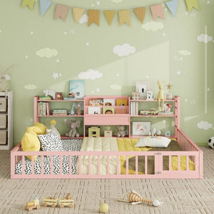 English Elm Queen Floor Bed with Fence Perimeter Bookcase and Three Tier Pine Storage Shelving Pink LP000216AAH