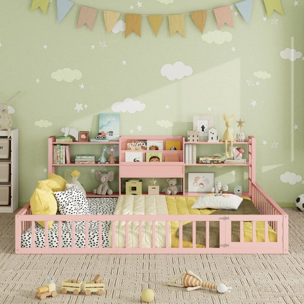 English Elm Queen Floor Bed with Fence Perimeter Bookcase and Three Tier Pine Storage Shelving Pink LP000216AAH