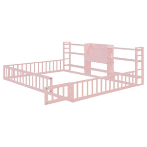 English Elm Queen Floor Bed with Fence Perimeter Bookcase and Three Tier Pine Storage Shelving Pink LP000216AAH