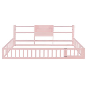 English Elm Queen Floor Bed with Fence Perimeter Bookcase and Three Tier Pine Storage Shelving Pink LP000216AAH