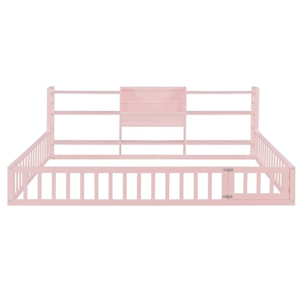 English Elm Queen Floor Bed with Fence Perimeter Bookcase and Three Tier Pine Storage Shelving Pink LP000216AAH