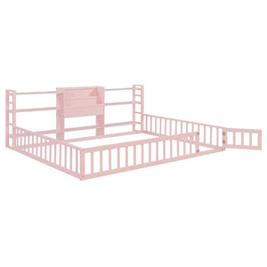 English Elm Queen Floor Bed with Fence Perimeter Bookcase and Three Tier Pine Storage Shelving Pink LP000216AAH