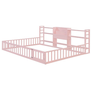English Elm Queen Floor Bed with Fence Perimeter Bookcase and Three Tier Pine Storage Shelving Pink LP000216AAH