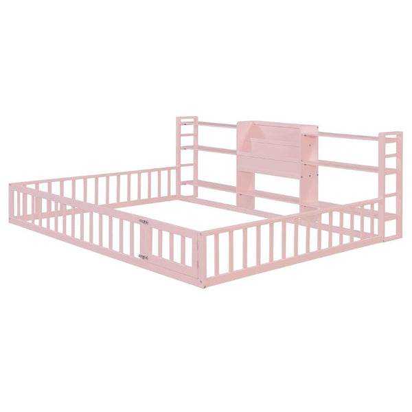 English Elm Queen Floor Bed with Fence Perimeter Bookcase and Three Tier Pine Storage Shelving Pink LP000216AAH