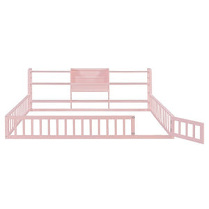 English Elm Queen Floor Bed with Fence Perimeter Bookcase and Three Tier Pine Storage Shelving Pink LP000216AAH