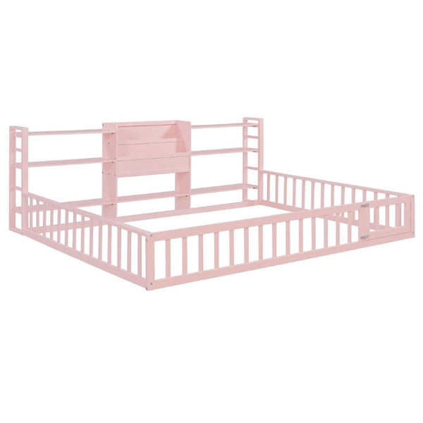 English Elm Queen Floor Bed with Fence Perimeter Bookcase and Three Tier Pine Storage Shelving Pink LP000216AAH