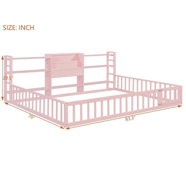 English Elm Queen Floor Bed with Fence Perimeter Bookcase and Three Tier Pine Storage Shelving Pink LP000216AAH