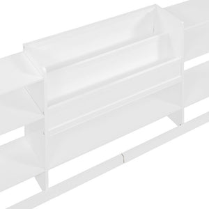 English Elm Queen Floor Bed with Fence Perimeter Bookcase and Three Tier Pine Storage Shelving White LP000216AAK
