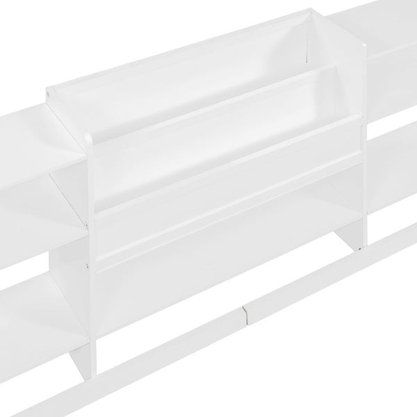 English Elm Queen Floor Bed with Fence Perimeter Bookcase and Three Tier Pine Storage Shelving White LP000216AAK