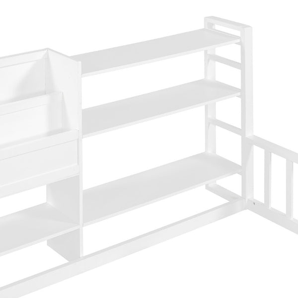 English Elm Queen Floor Bed with Fence Perimeter Bookcase and Three Tier Pine Storage Shelving White LP000216AAK