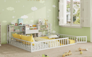 English Elm Queen Floor Bed with Fence Perimeter Bookcase and Three Tier Pine Storage Shelving White LP000216AAK