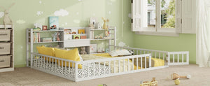 English Elm Queen Floor Bed with Fence Perimeter Bookcase and Three Tier Pine Storage Shelving White LP000216AAK
