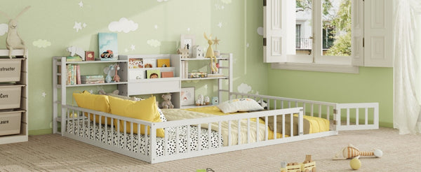 English Elm Queen Floor Bed with Fence Perimeter Bookcase and Three Tier Pine Storage Shelving White LP000216AAK