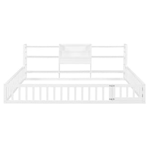 English Elm Queen Floor Bed with Fence Perimeter Bookcase and Three Tier Pine Storage Shelving White LP000216AAK