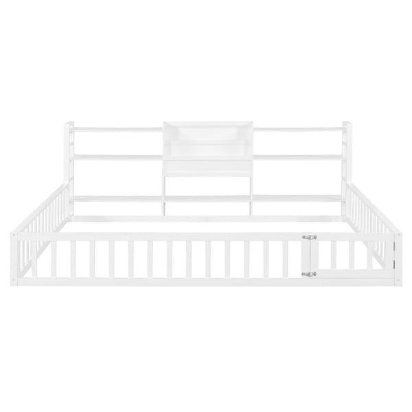English Elm Queen Floor Bed with Fence Perimeter Bookcase and Three Tier Pine Storage Shelving White LP000216AAK
