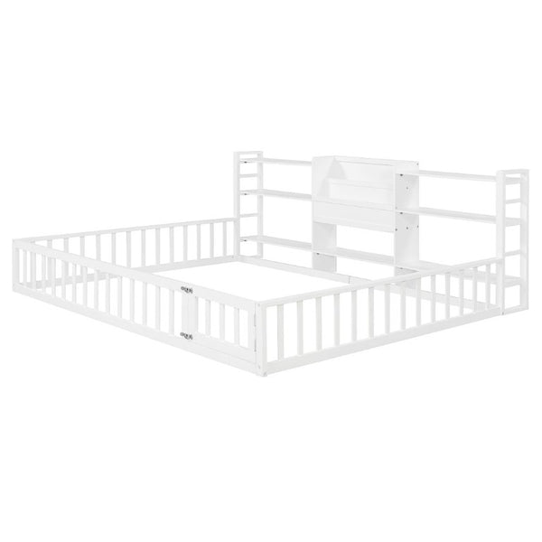 English Elm Queen Floor Bed with Fence Perimeter Bookcase and Three Tier Pine Storage Shelving White LP000216AAK