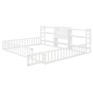 English Elm Queen Floor Bed with Fence Perimeter Bookcase and Three Tier Pine Storage Shelving White LP000216AAK
