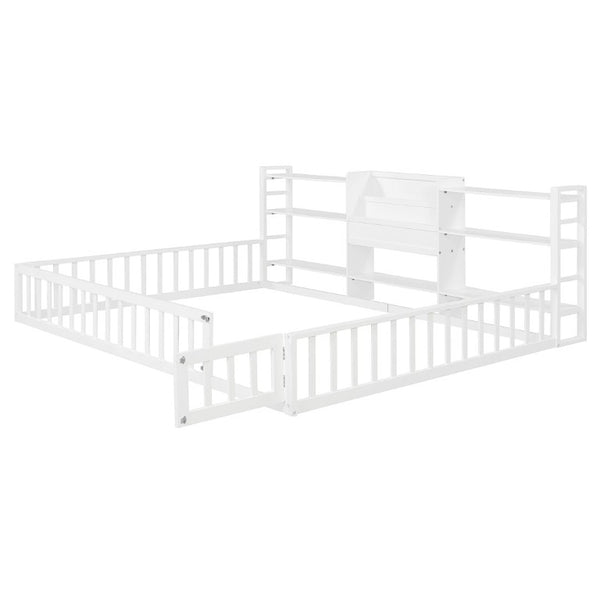 English Elm Queen Floor Bed with Fence Perimeter Bookcase and Three Tier Pine Storage Shelving White LP000216AAK