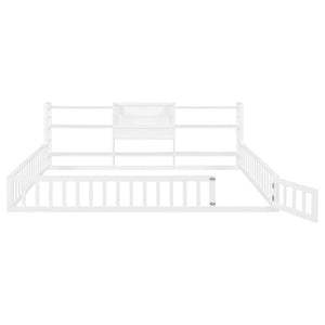 English Elm Queen Floor Bed with Fence Perimeter Bookcase and Three Tier Pine Storage Shelving White LP000216AAK