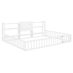 English Elm Queen Floor Bed with Fence Perimeter Bookcase and Three Tier Pine Storage Shelving White LP000216AAK