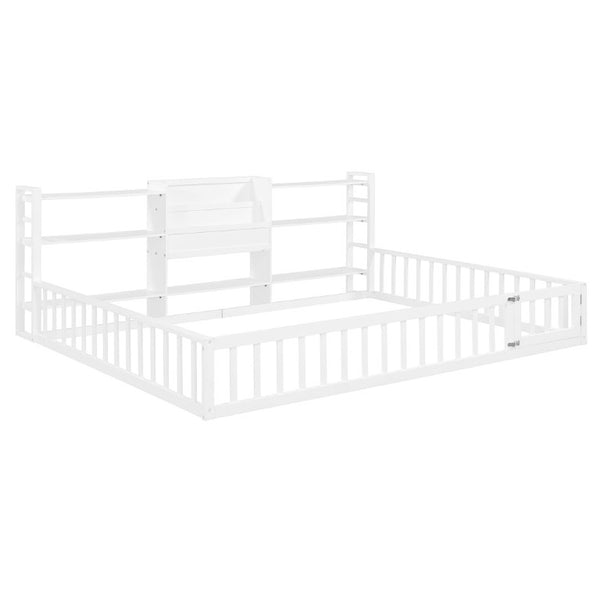 English Elm Queen Floor Bed with Fence Perimeter Bookcase and Three Tier Pine Storage Shelving White LP000216AAK