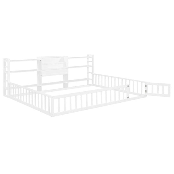 English Elm Queen Floor Bed with Fence Perimeter Bookcase and Three Tier Pine Storage Shelving White LP000216AAK