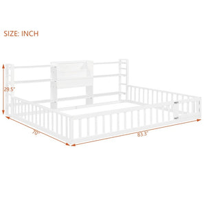 English Elm Queen Floor Bed with Fence Perimeter Bookcase and Three Tier Pine Storage Shelving White LP000216AAK