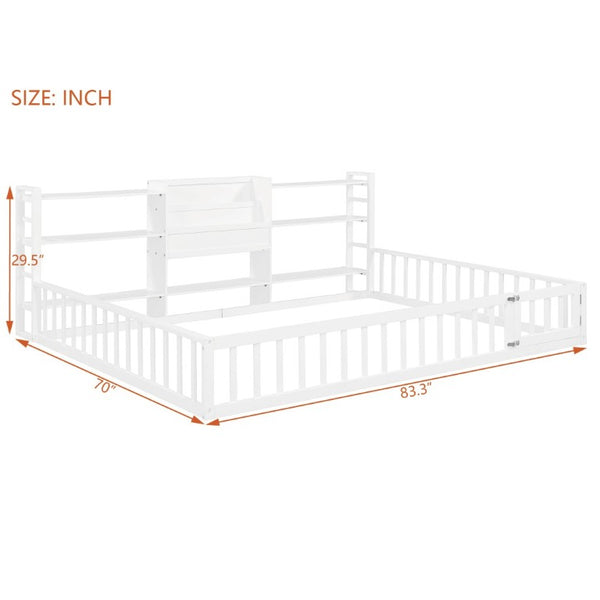 English Elm Queen Floor Bed with Fence Perimeter Bookcase and Three Tier Pine Storage Shelving White LP000216AAK