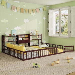 English Elm Queen Floor Bed with Fence Perimeter Bookcase and Three Tier Pine Storage Shelving Espresso LP000216AAP