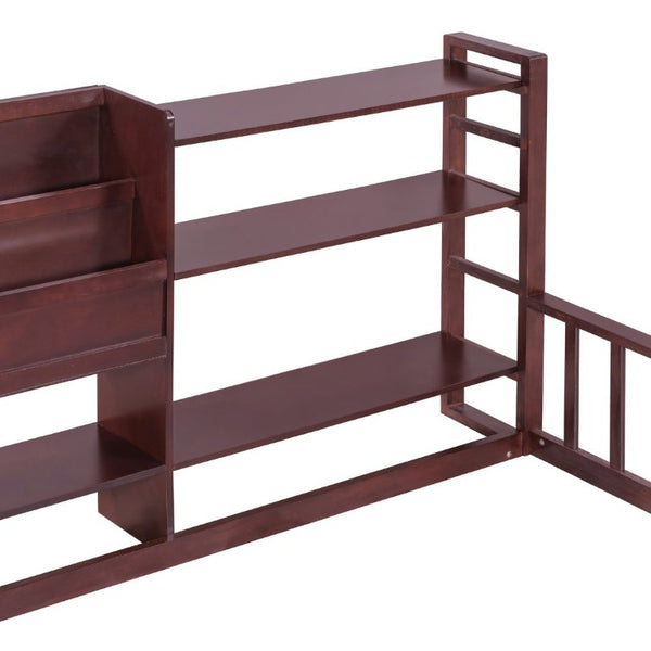 English Elm Queen Floor Bed with Fence Perimeter Bookcase and Three Tier Pine Storage Shelving Espresso LP000216AAP
