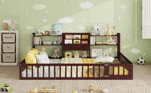 English Elm Queen Floor Bed with Fence Perimeter Bookcase and Three Tier Pine Storage Shelving Espresso LP000216AAP