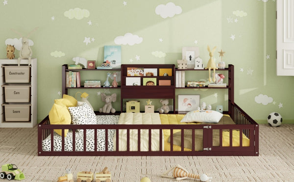 English Elm Queen Floor Bed with Fence Perimeter Bookcase and Three Tier Pine Storage Shelving Espresso LP000216AAP