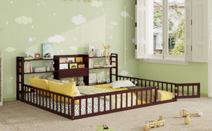 English Elm Queen Floor Bed with Fence Perimeter Bookcase and Three Tier Pine Storage Shelving Espresso LP000216AAP